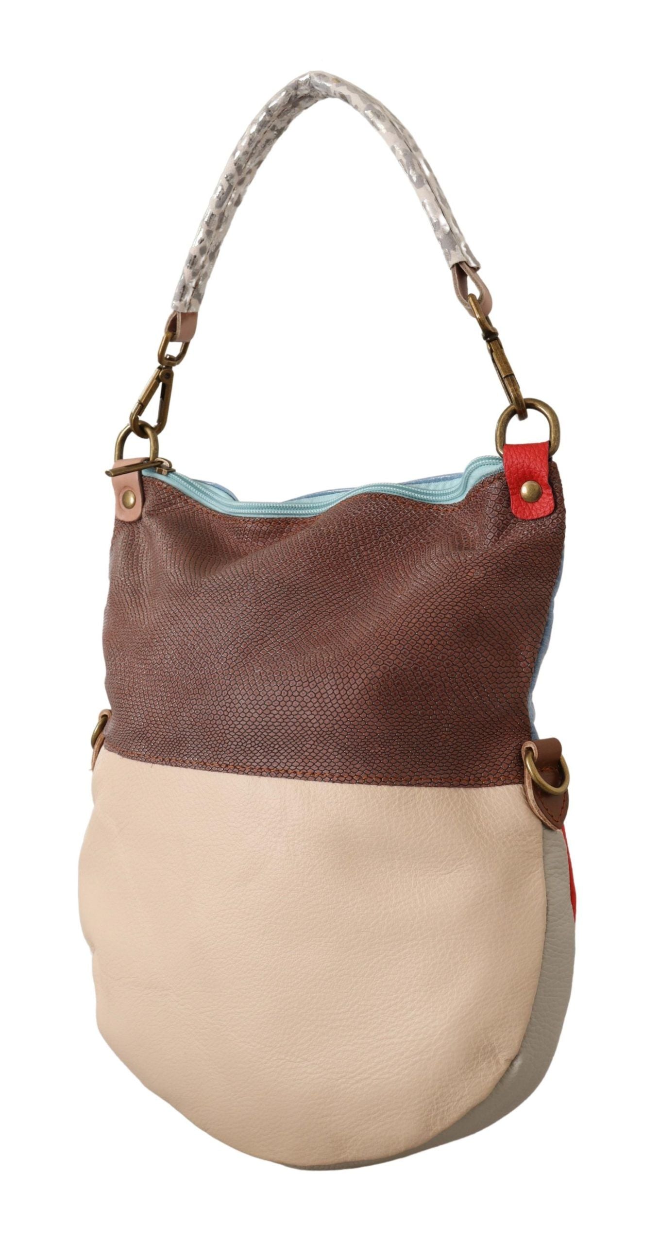 Elegante bolso de mano de piel multicolor con detalles dorados