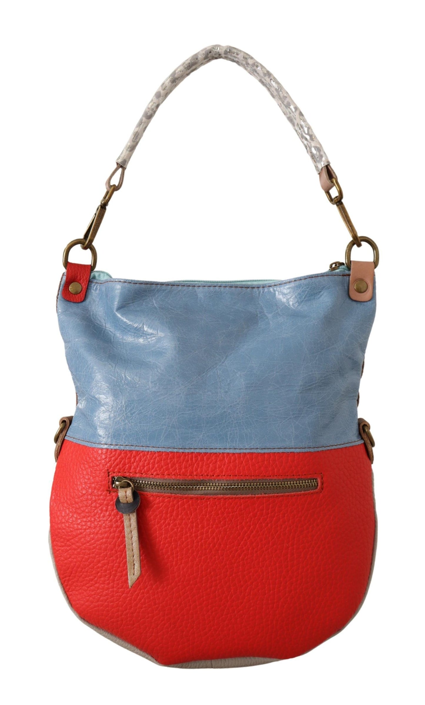 Elegante bolso de mano de piel multicolor con detalles dorados