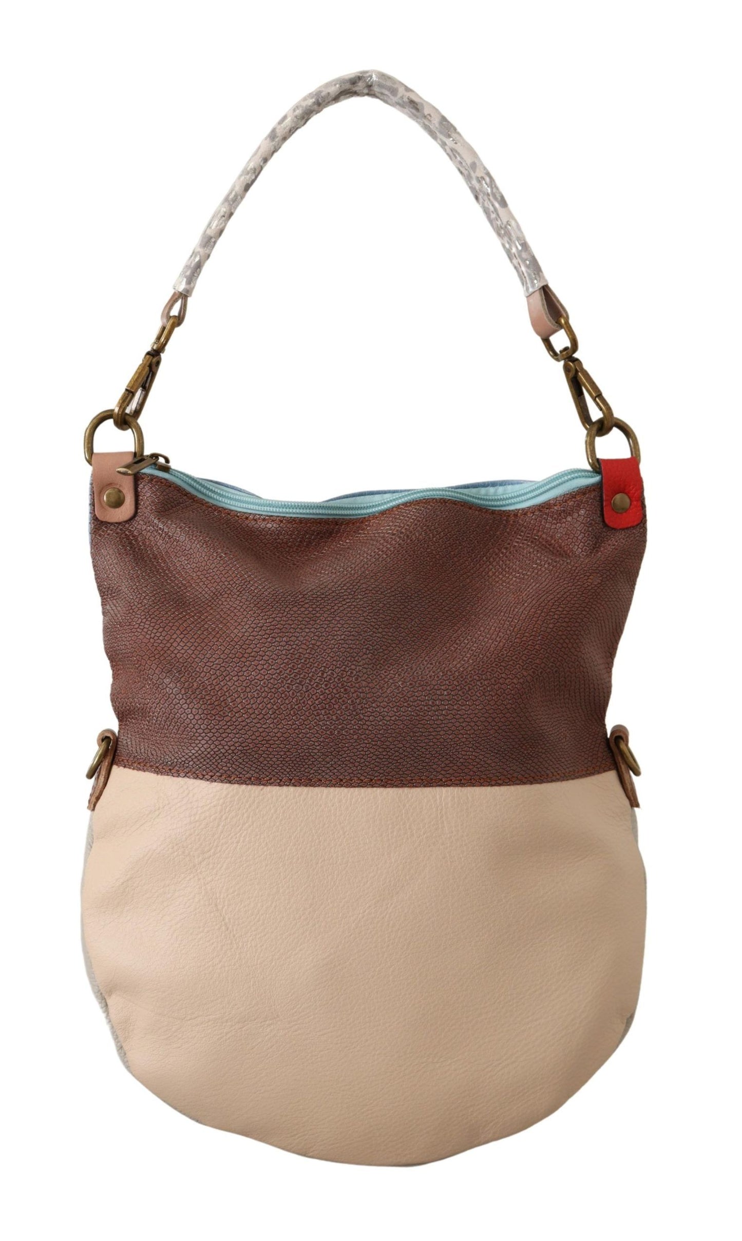 Elegante bolso de mano de piel multicolor con detalles dorados