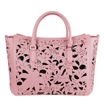 Schicke rosa Handtasche aus Kalbsleder mit floralen Akzenten