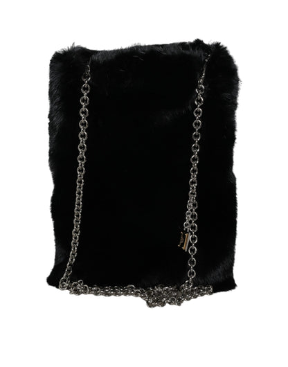 Dolce & Gabbana Black Faux Fur Silver Chain Crossbody Shoulder Purse Bag