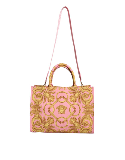 Bolsa de compras grande de cuero y tela con estampado rosa