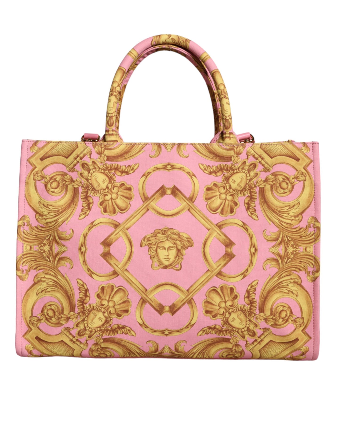 Bolsa de compras grande de cuero y tela con estampado rosa