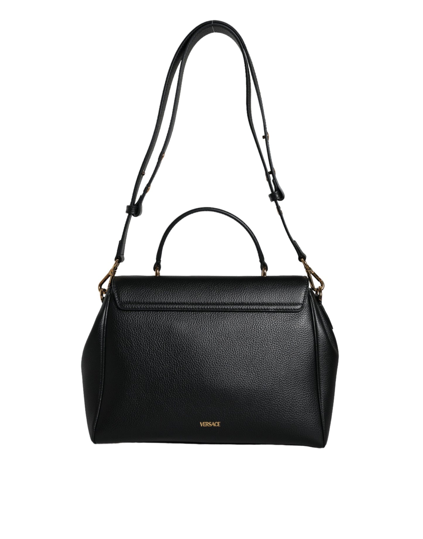 Versace Black Top Handle Grainy Calfskin Leather Crossbody Bag