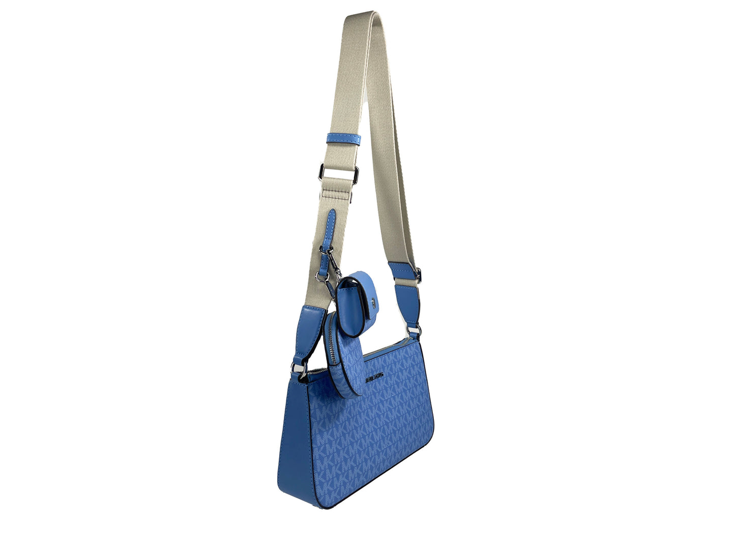 Bolso bandolera con accesorio tecnológico Jet Set Signature de PVC de Michael Kors, color azul