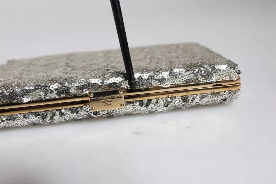 Dolce & Gabbana Silver Sequined Clutch Evening Crossbody Bag