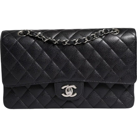 Chanel Black Caviar Medium Classic Double Flap Shoulder Quilted Silver Bag