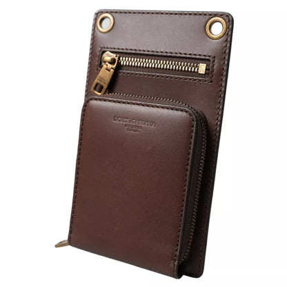 Dolce & Gabbana Brown Calf Leather Zip Logo Shoulder Neck Strap Wallet