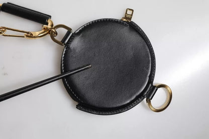 Dolce & Gabbana Black Round Leather DG Logo Coin Purse Lanyard Wallet