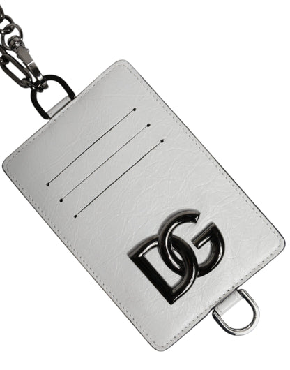 Dolce & Gabbana White Calf Leather Lanyard Logo Card Holder Wallet