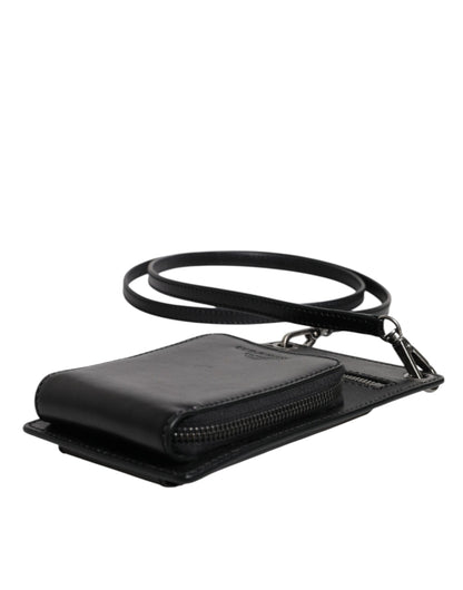 Dolce & Gabbana Black Horse Leather Zip Logo Shoulder Neck Strap Wallet