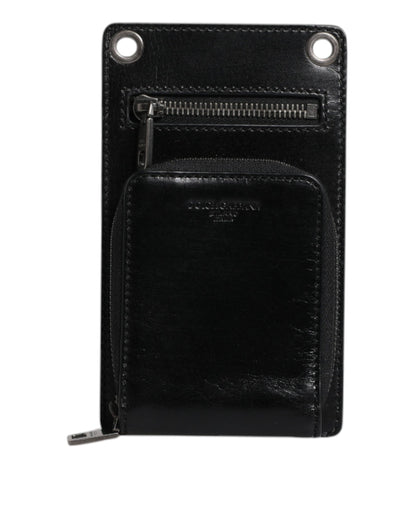 Dolce & Gabbana Black Horse Leather Zip Logo Shoulder Neck Strap Wallet