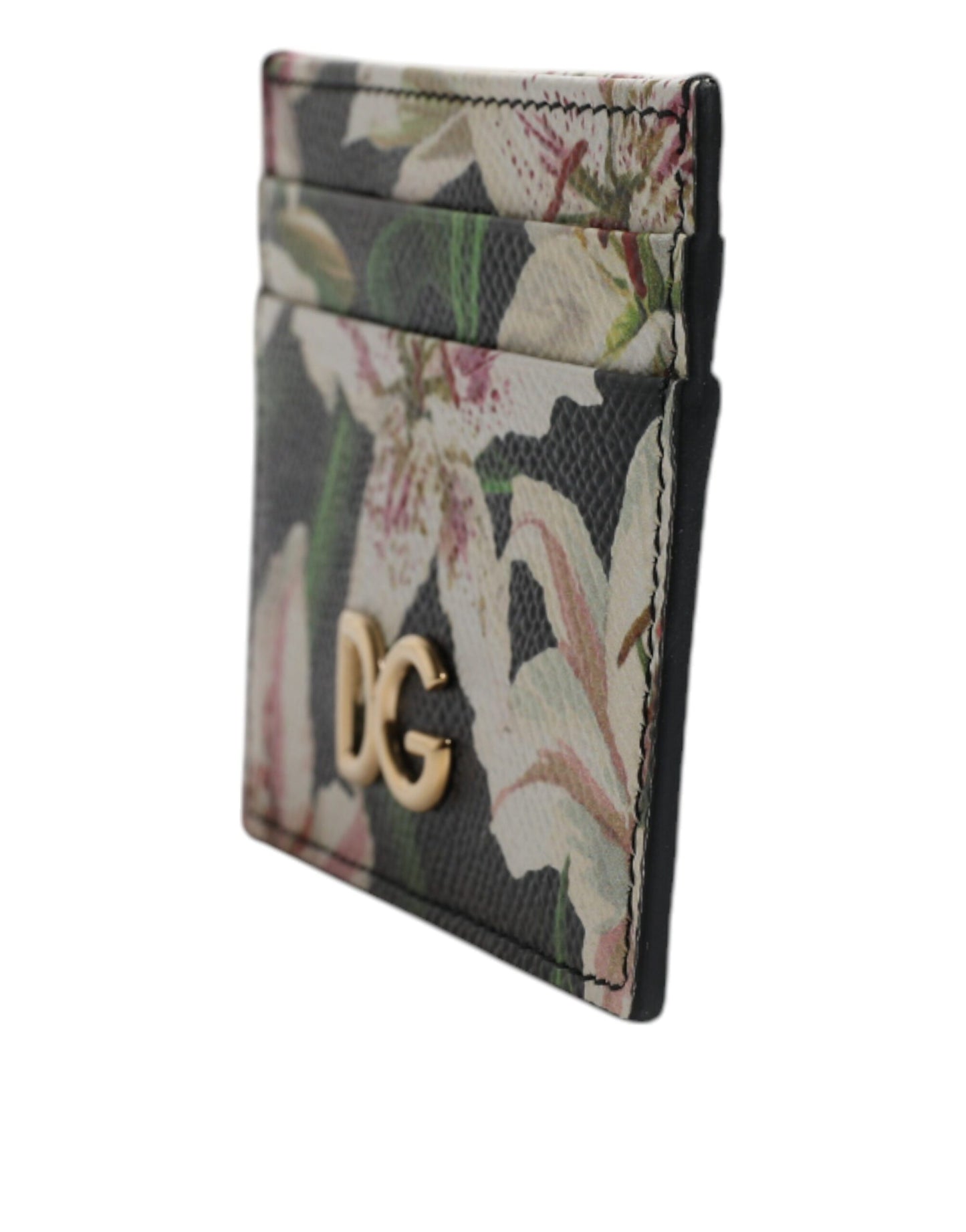 Dolce & Gabbana Black Floral Leather Card Holder DG Logo Plaque Wallet