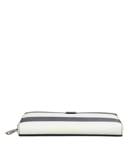 Dolce & Gabbana White Blue Striped Leather Zip Around Continental Wallet