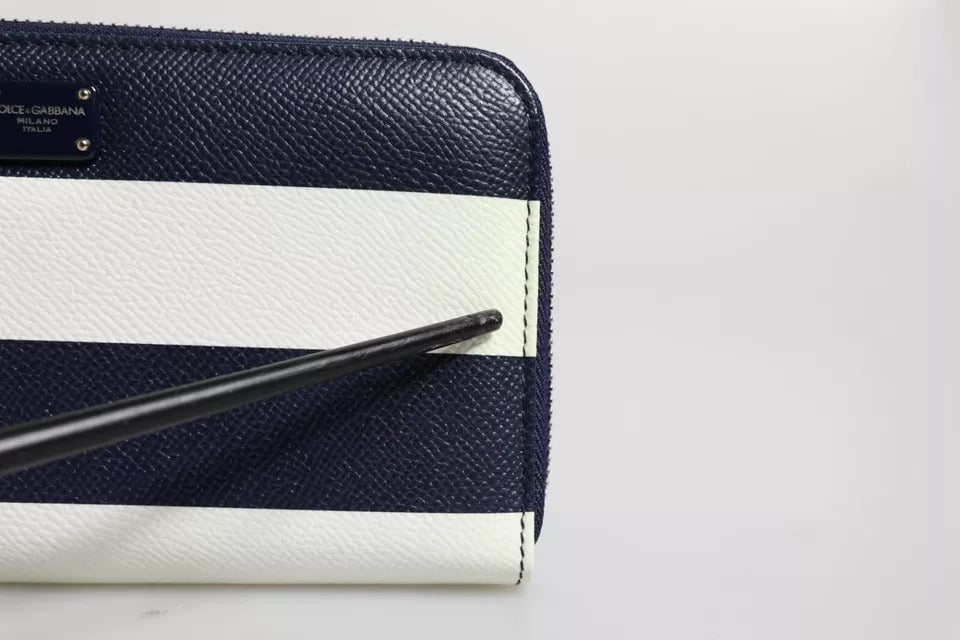 Dolce & Gabbana White Blue Striped Leather Zip Around Continental Wallet