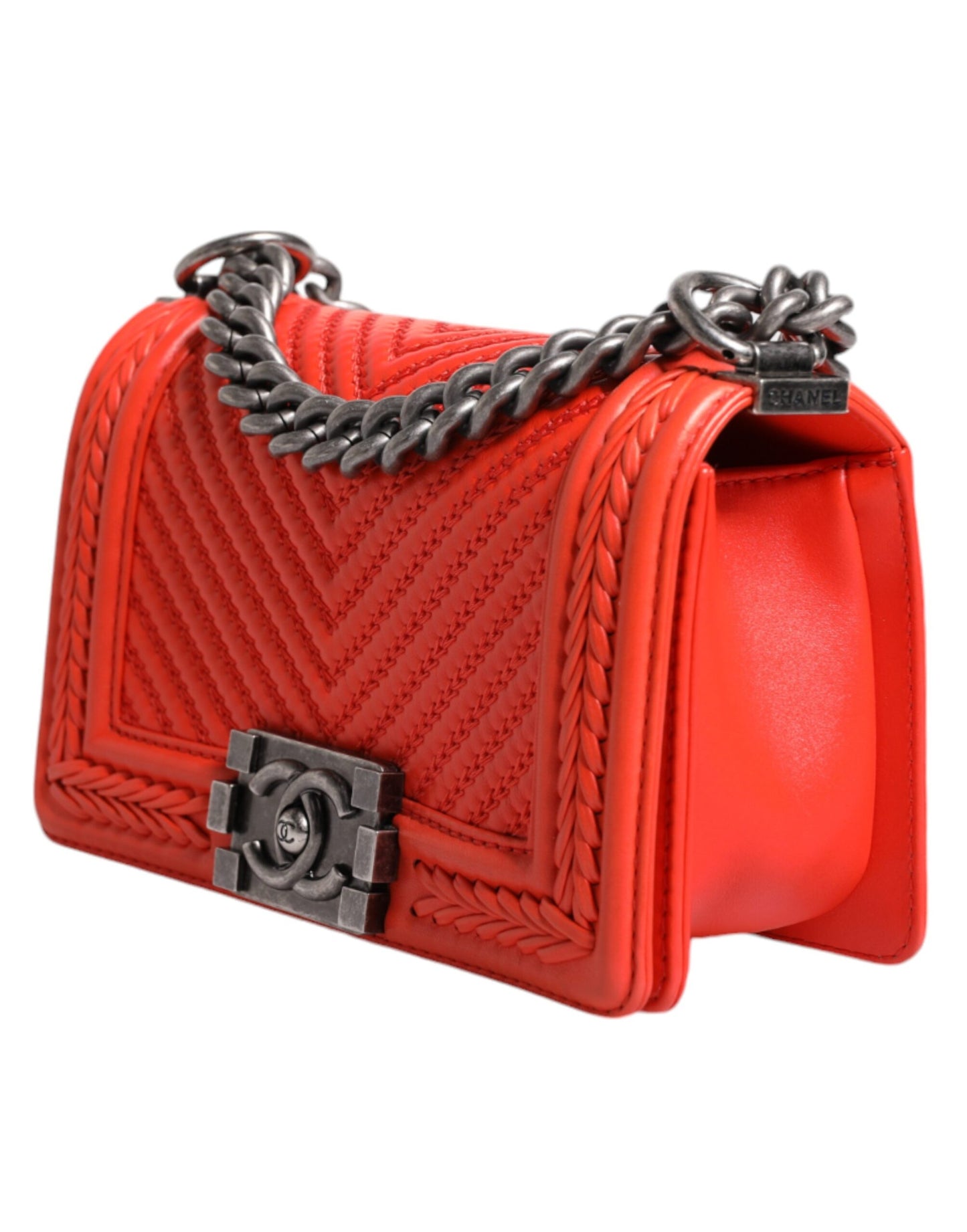 Chanel Orange Small Leather Chain Shoulder Boy Bag