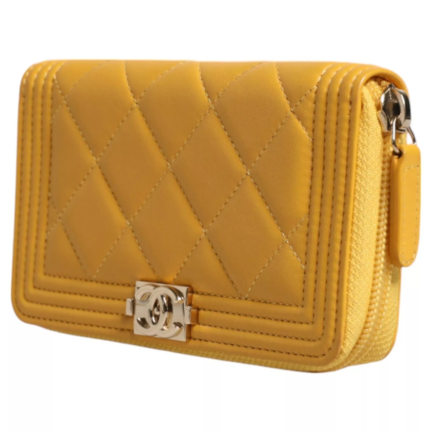 Chanel Yellow Quilted Leather CC Logo Continental Zip Wallet