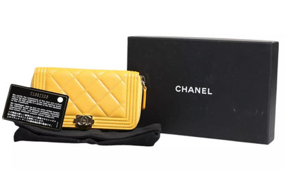 Chanel Yellow Quilted Leather CC Logo Continental Zip Wallet